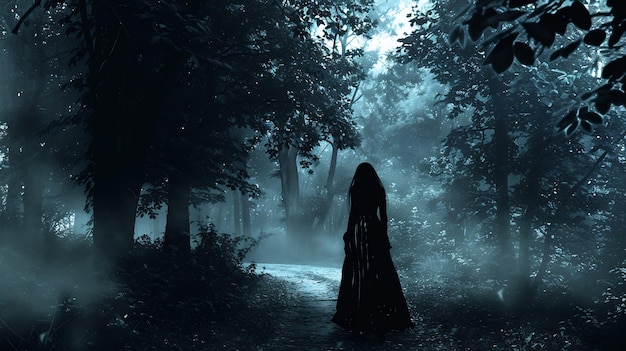 a woman in a dress stands in a magical forest