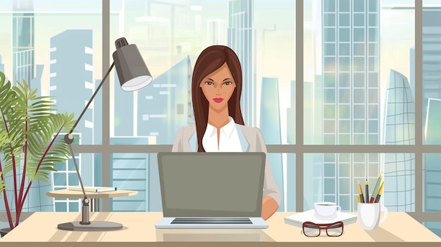a woman in a room with a computer and a lamp