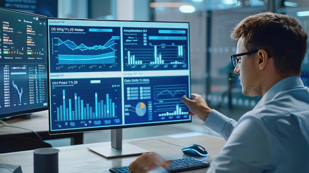 a woman is using a computer with a blue screen showing graphs and charts