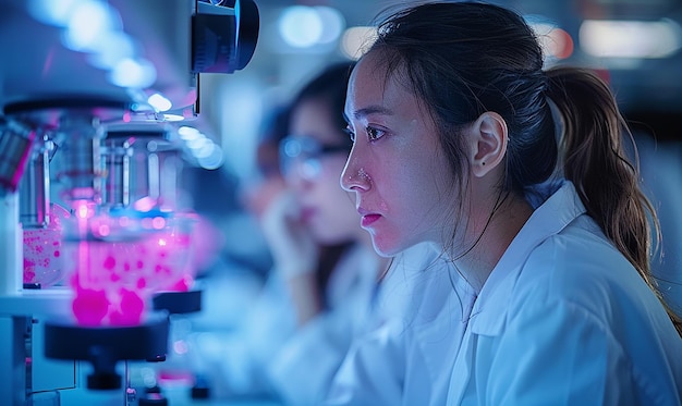 a woman looking at a microscope with the words  lab  on the bottom