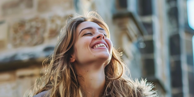 a woman smiling with her eyes closed
