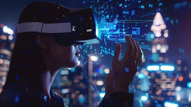 a woman wearing a virtual reality headset looks through a window with the word  t  on it