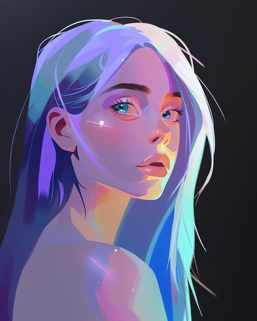 a woman with blue eyes and a white hair with a blue and purple light