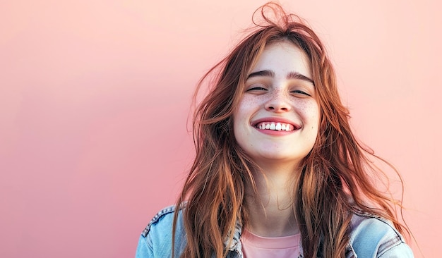 a woman with red hair smiling and wearing a denim jacket