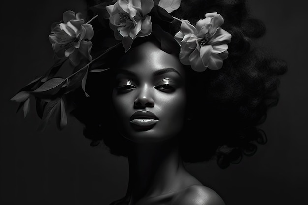 a woman with white flowers on her head