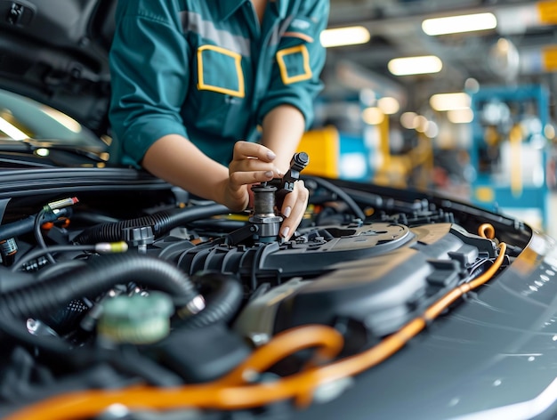 a woman working on a car with the word quot on the side