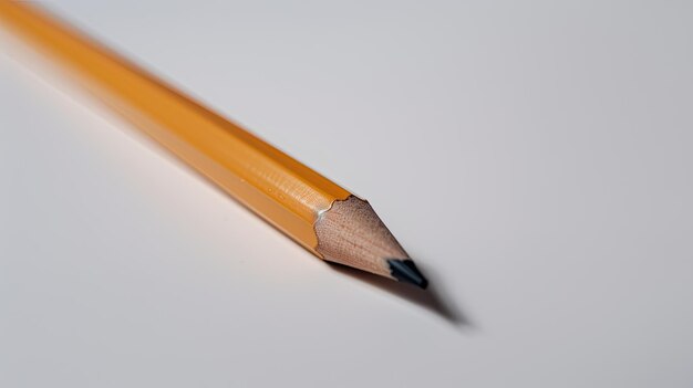 A yellow pencil with a black tip is shown on a white surface.