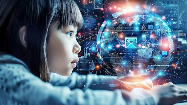 a young girl looks at a glowing digital globe representing the future of technology and global connectivity
