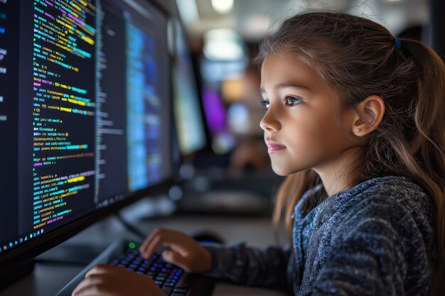 a young girl sitting at a large computer her hands on the keyboard concentrating deeply on a coding tutorial