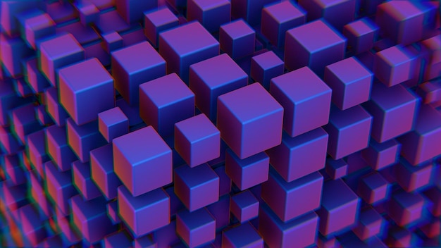 Abstract 3D Cluster of Gradient Cubes with Purple and Blue Neon Hues