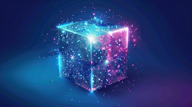 Abstract 3D Cube with Glowing Lines and Particles