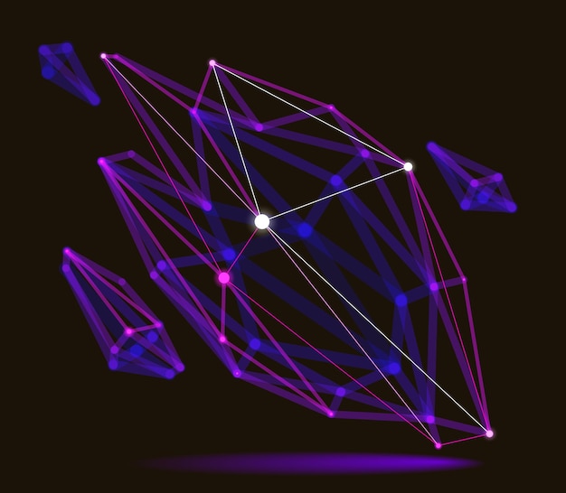 Abstract 3D mesh shape vector illustration, dots connected with lines technology polygonal object, dynamic tech and science lattice, with realistic depth of field effect.