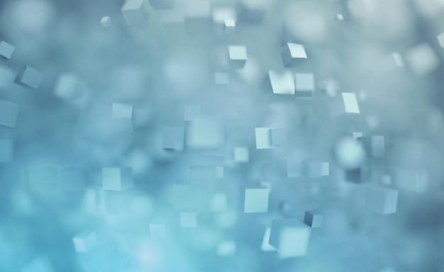 abstract 3d rendering of chaotic cubes flying shapes in empty space dynamic background with bokeh depth of field effect