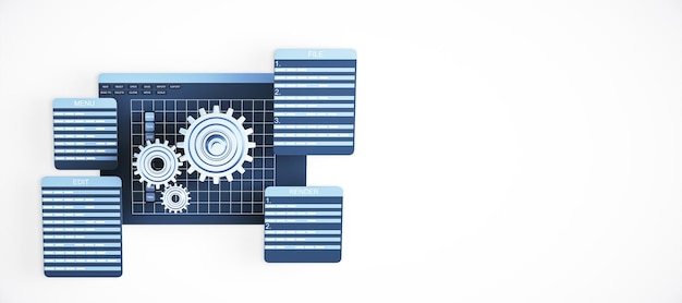 abstract 3d rendering of software interface and gears on white background 3d rendering