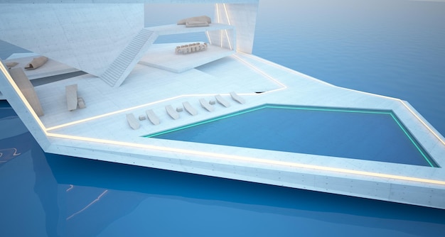abstract architectural concrete wood and glass interior of a modern villa on the sea with