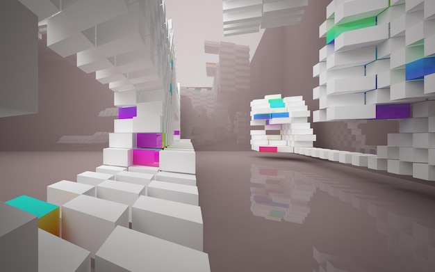 abstract architectural interior with colored smooth glass sculpture with black lines 3d illustratio