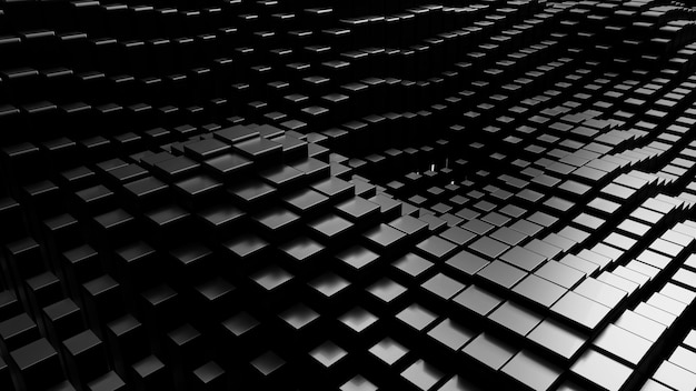 Abstract background of random black cube block wave pattern 3D illustration rendering