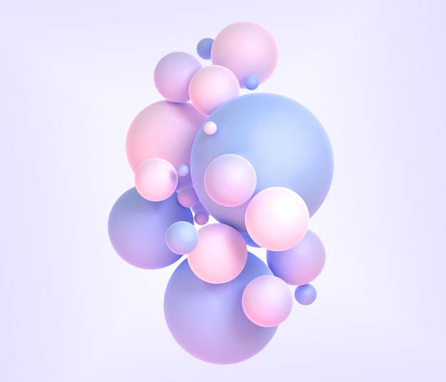 Abstract background with geometric spheres 3d render Holographic balls with gradient texture colorful composition of flying pink blue circle balloons on purple backdrop