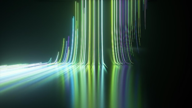 Abstract black background with green blue neon lines go up and disappear d illustration