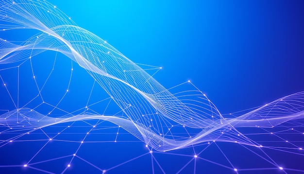 Abstract blue background with white lines and glowing dots