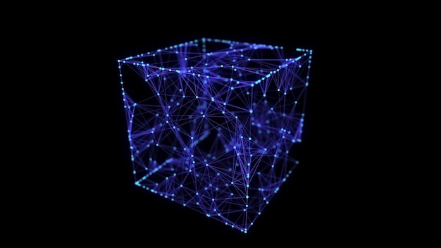 abstract blue cube on black background wireframe square structure with glowing particles and lines futuristic digital illustration 3d rendering