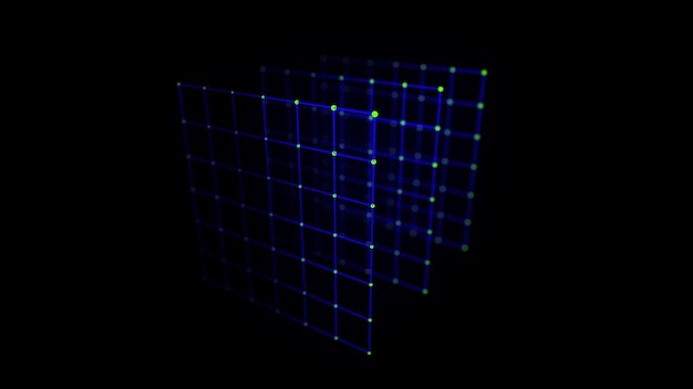 abstract blue cube on black background wireframe square structure with glowing particles and lines futuristic digital illustration 3d rendering