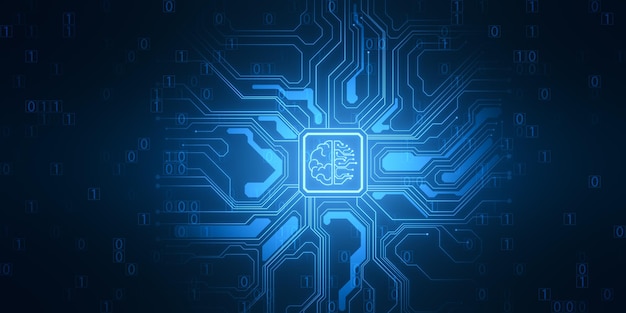 Abstract brain and binary code circuit on blue wallpaper Chip data ai and future concept 3D Rendering