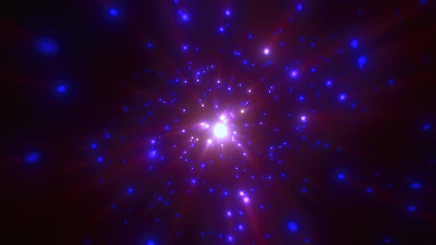 abstract bright purple glowing background with flying dots circles bokeh energy particles and light rays