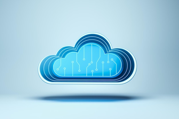 abstract cloud icon with circuit pattern on a blue background 3d rendering