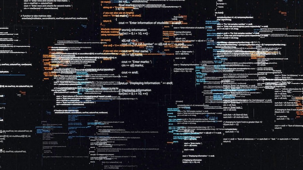 Abstract computer code running in a virtual space animation programming code with moving lines