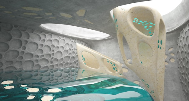 abstract concrete parametric interior with neon lighting 3d illustration and rendering