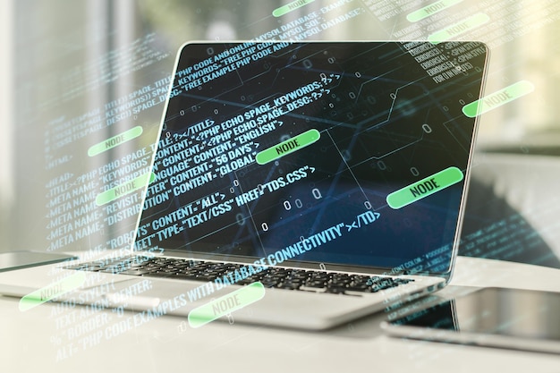 Abstract creative coding concept on modern laptop background Multiexposure
