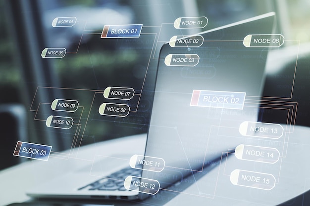 Abstract creative coding concept on modern laptop background Multiexposure
