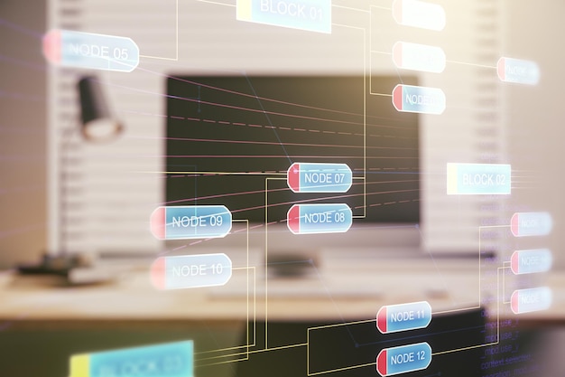 Abstract creative coding concept on modern laptop background Multiexposure