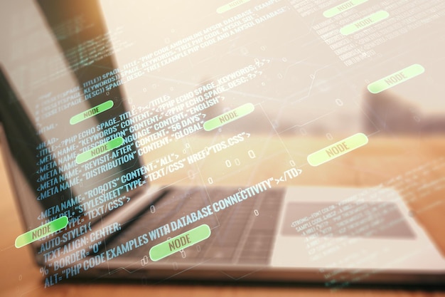 Abstract creative coding concept on modern laptop background Multiexposure