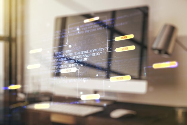 abstract creative coding concept on modern laptop background multiexposure