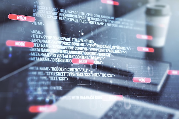 abstract creative coding concept on modern laptop background multiexposure