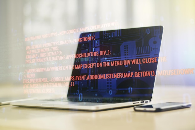Abstract creative coding concept on modern laptop background Multiexposure