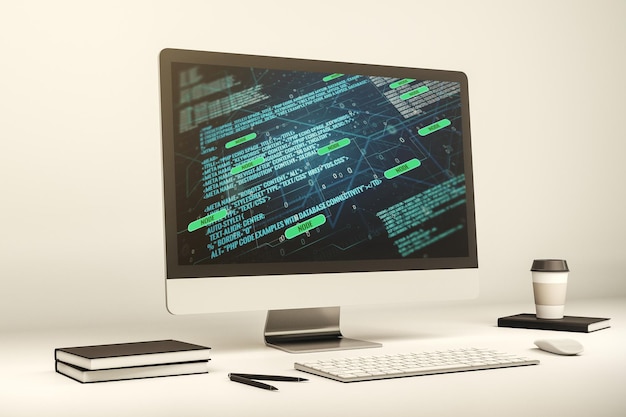 Abstract creative coding concept on modern laptop screen 3D Rendering