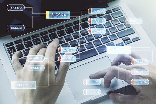 Abstract creative coding concept with hands typing on laptop on background Multiexposure