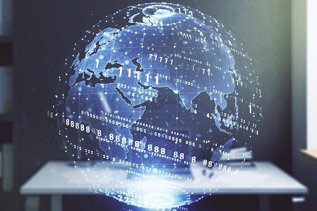 abstract creative coding concept with world map and modern desktop with computer on background multiexposure