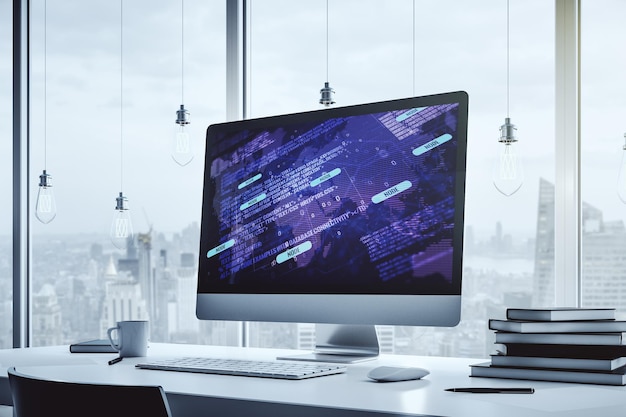 abstract creative coding illustration with world map on modern computer monitor international software development concept 3d rendering