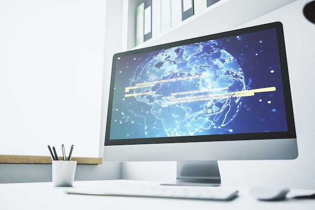 Abstract creative coding illustration with world map on modern computer monitor international software development concept 3D Rendering