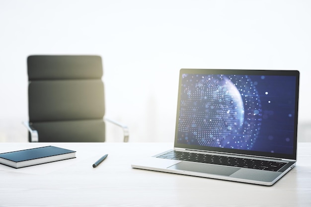 Abstract creative digital world map on modern laptop monitor tourism and traveling concept 3D Rendering