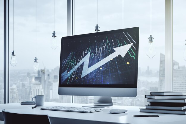 abstract creative financial diagram with upward arrow on modern computer monitor growth and development concept 3d rendering