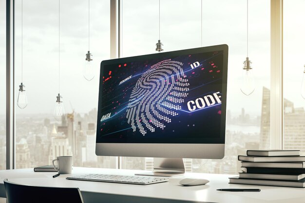 Abstract creative fingerprint concept on modern laptop screen 3D Rendering
