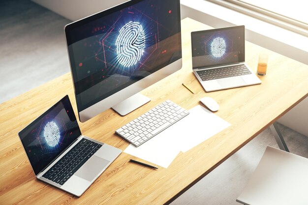abstract creative fingerprint hologram on modern computer monitor protection of personal information concept 3d rendering