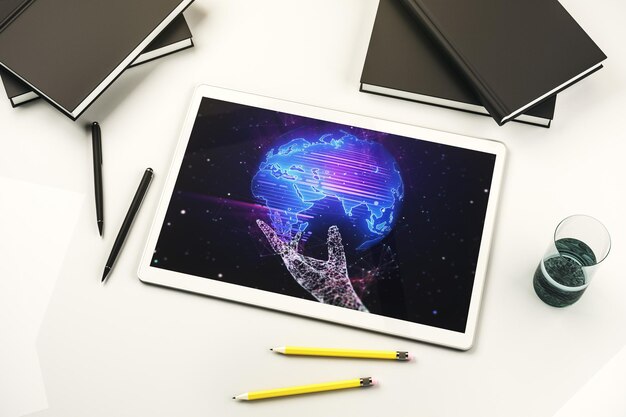 abstract creative world map on modern digital tablet screen international trading concept top view 3d rendering