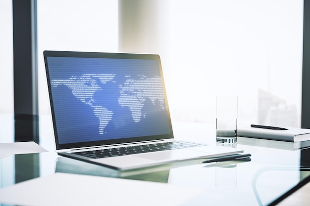 Abstract creative world map on modern laptop screen international trading concept 3D Rendering
