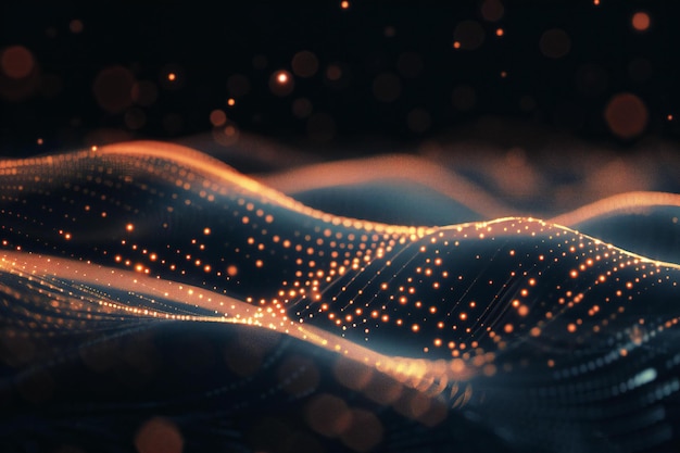 Abstract dark background with digital connections and waves of light dots on black data technology